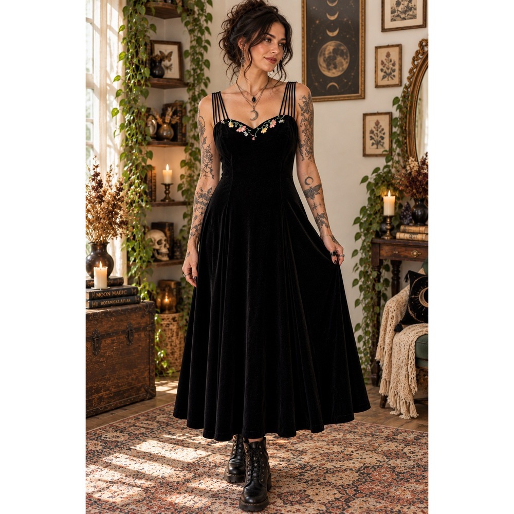 Another Thyme Vintage 90s Black Maxi Dress Floral Embroidered Multi Strap Sz 8